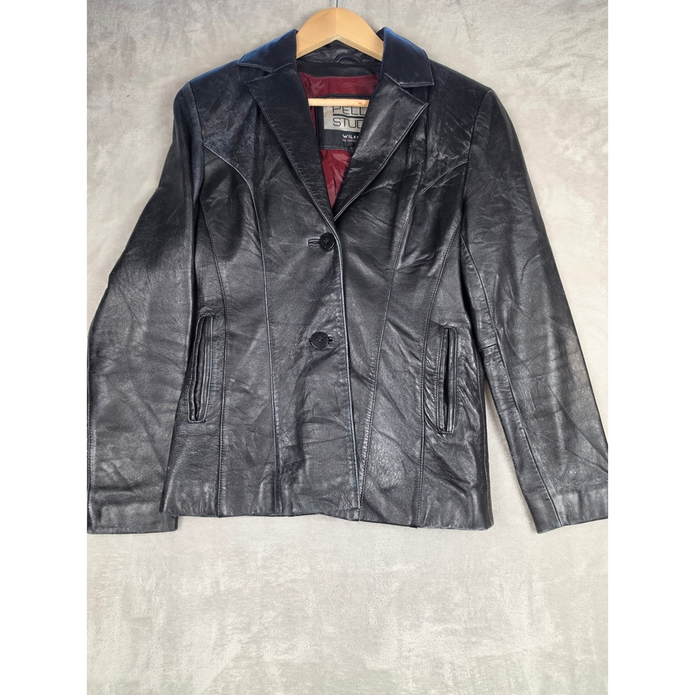 Vtg Pelle Studio Wilsons Leather Jacket Womens XS Black Two Button Blazer Coat